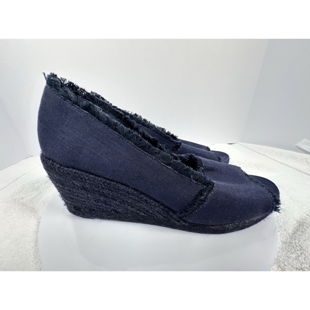 Ralph Lauren Linen Peep Toe Navy Blue Espadrilles Wedge Womens Sz 9‎ French chic